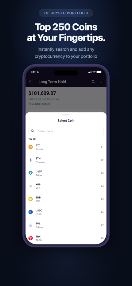 Coin picker showing top 20 cryptocurrencies
