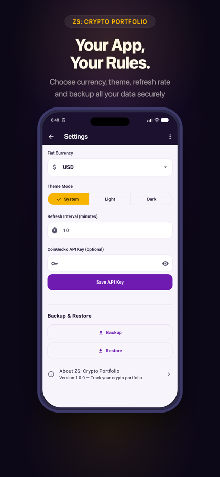 Settings screen with currency and theme options